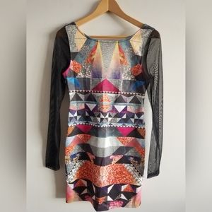 Colorful Print Mini Dress with Sheer Long Sleeves by Premonition - size Large 12